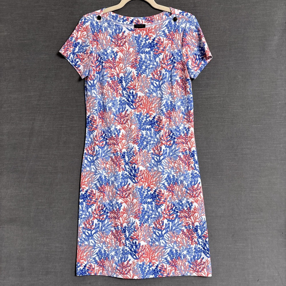 Talbots Shift Dress Womens Small Blue Pink Coral Print Short‎ Sleeve Stretch
